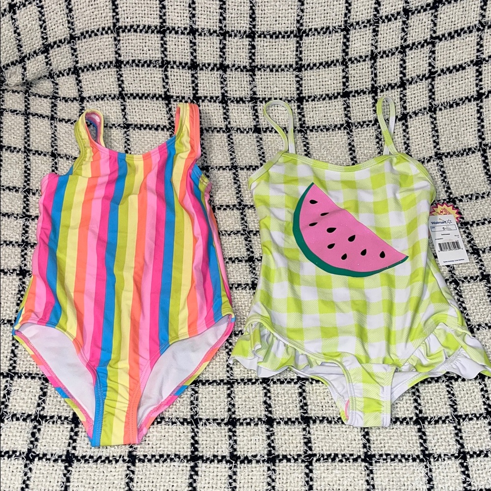 Girls Rainbow Stripe One-Piece Swimsuit & Green Gingham Watermelon One-Piece